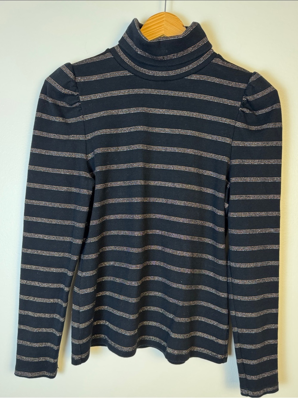 Veronica Beard Cedar Metallic Striped Lurex Ribbed Puff Sleeve Turtleneck Top M